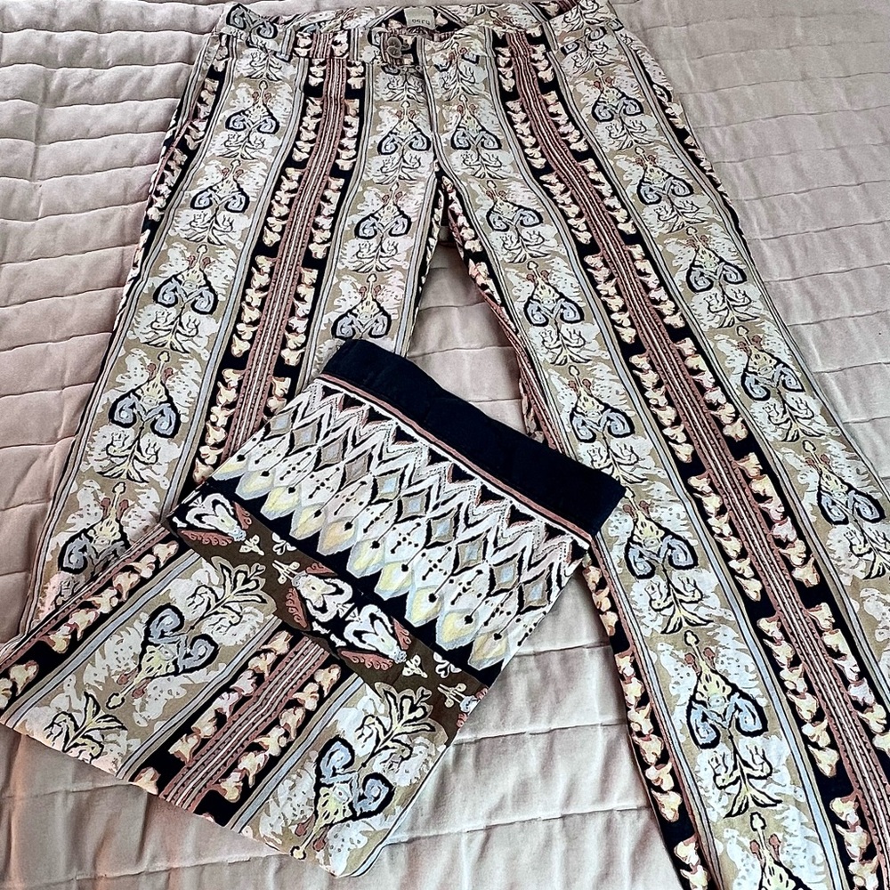 Multi-color batik style print slacks.